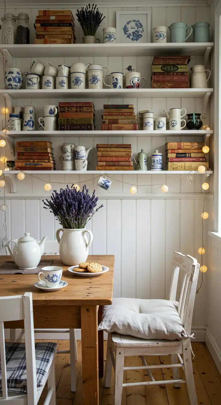 13 Cottagecore Dining Room Ideas That Bring Fairy Tale Charm 14 13. Install Open Shelving with Decorative Items