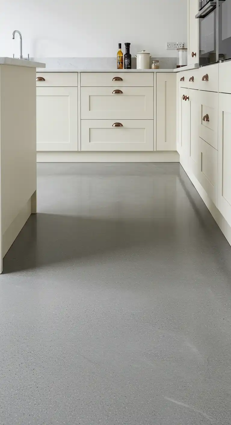 20 Soft and Elegant Kitchen Flooring Ideas with Cream Cabinets 15 14) Polished Concrete in Light Gray