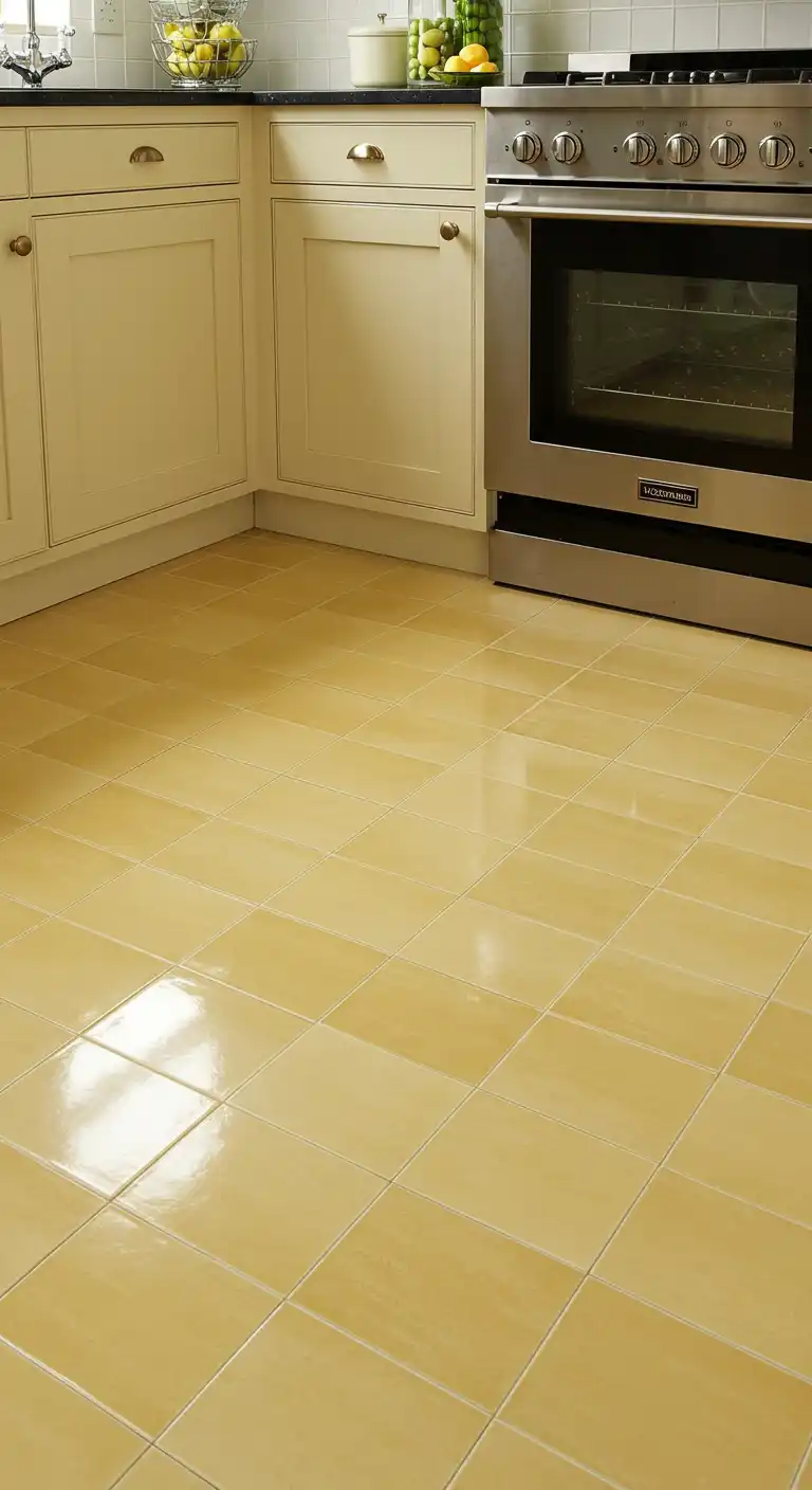 17 Stylish Kitchen Flooring Ideas with Dark Cabinets for a Dramatic Effect 15 14) Soft Yellow Ceramic Tiles