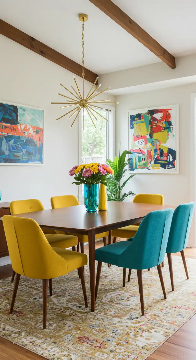 19 Open Concept Dining Area Designs for a Spacious Feel 15 15) Colorful Mid-Century Modern