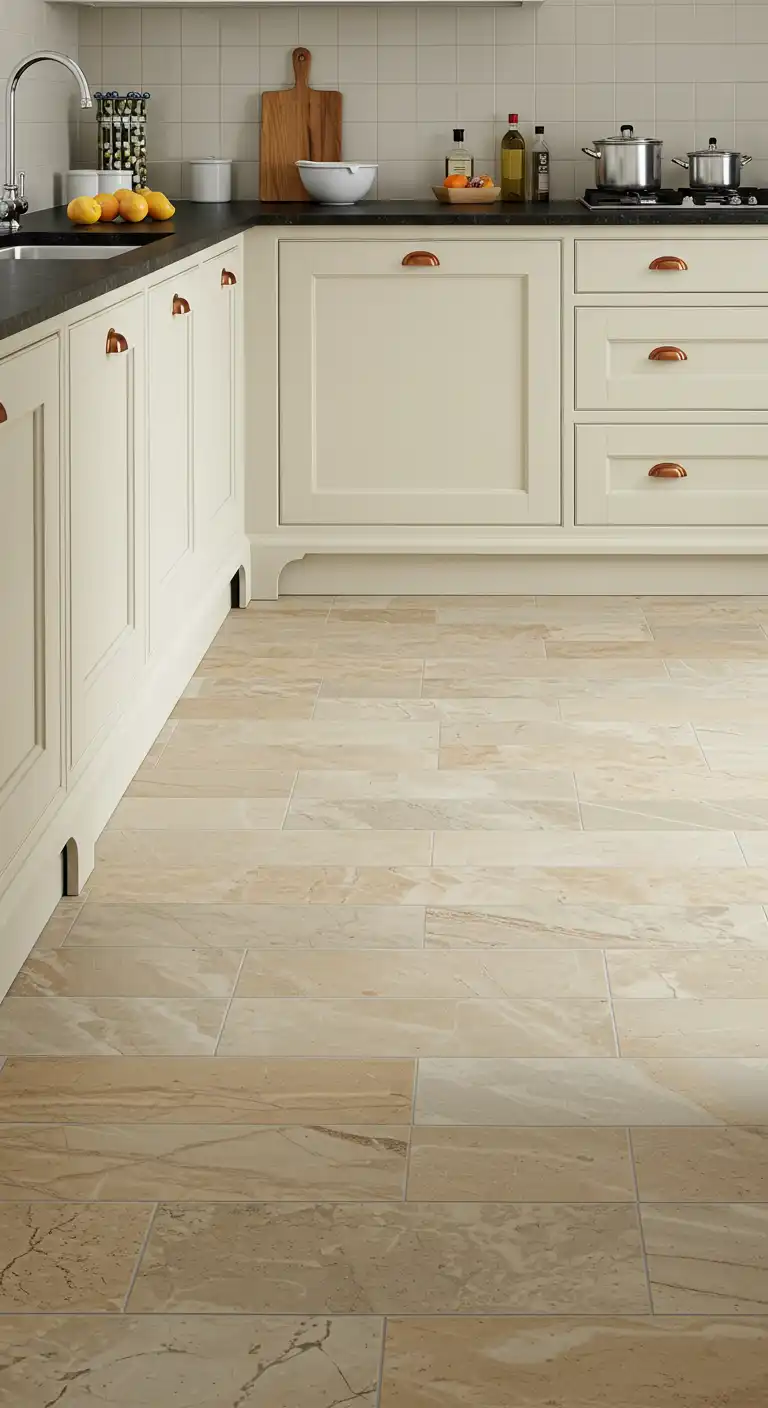 20 Soft and Elegant Kitchen Flooring Ideas with Cream Cabinets 16 15) Creamy Slate Tiles