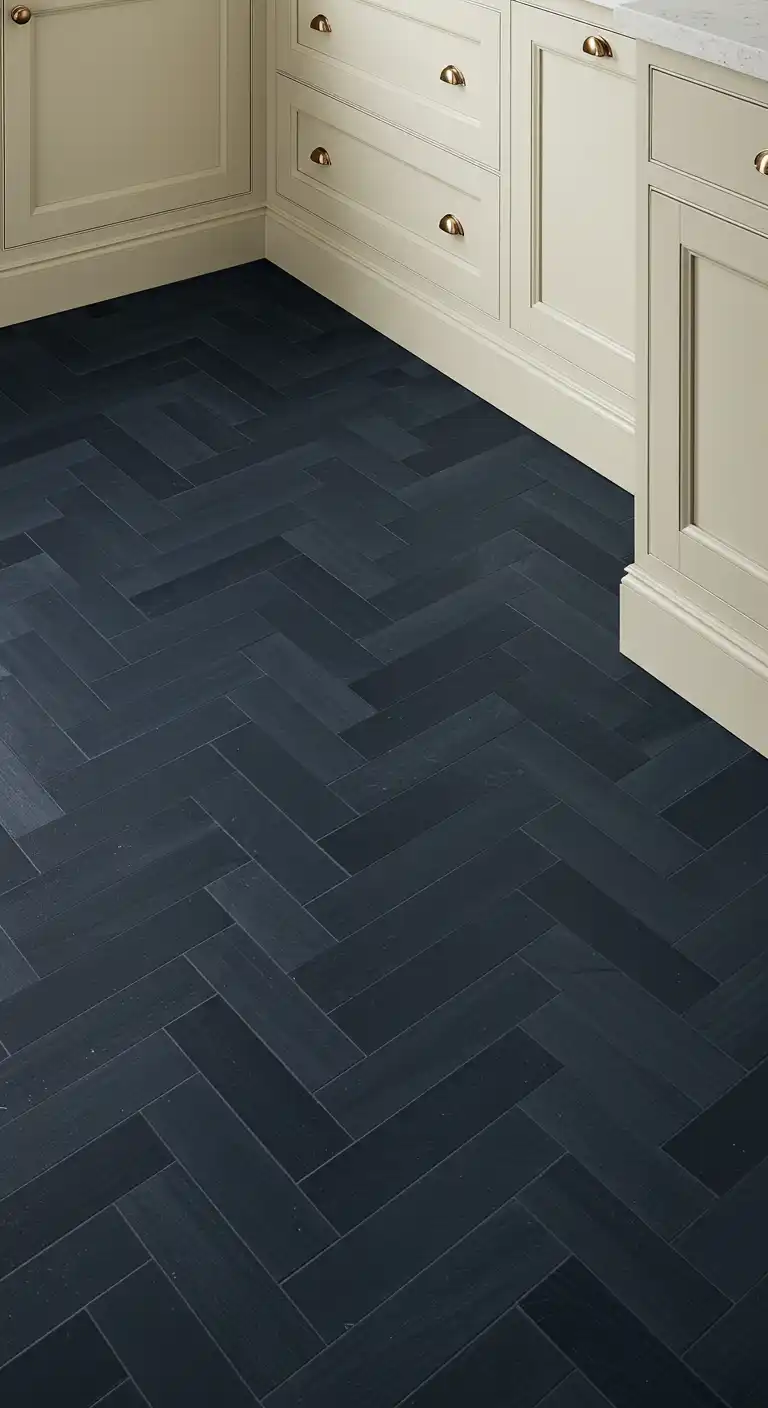 17 Modern Kitchen Flooring Ideas with Dark Tiles for a Bold Look 16 15) Matte Navy Basketweave Tiles