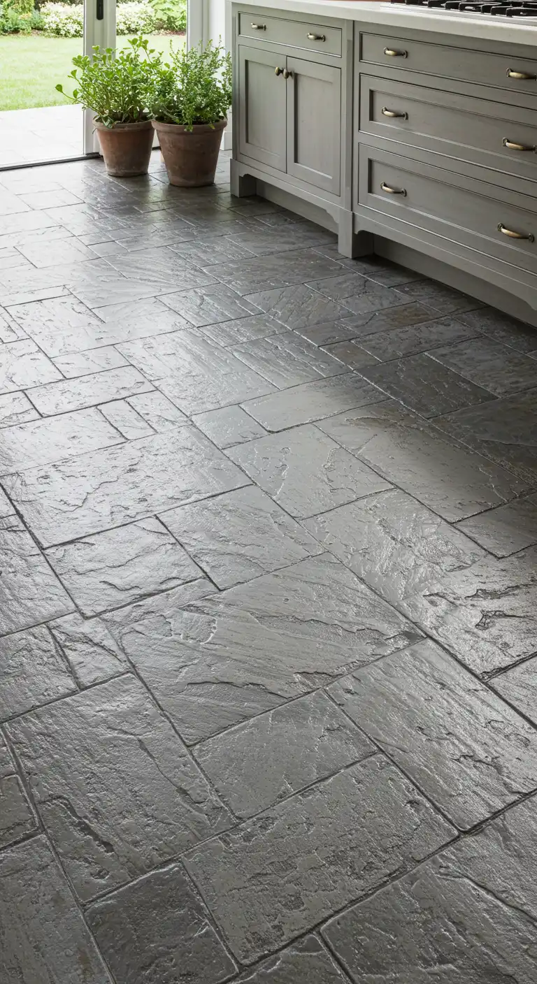 15 Industrial-Chic Kitchen Concrete Flooring Ideas for a Modern Touch 16 15) Stamped Concrete with Slate-Like Texture