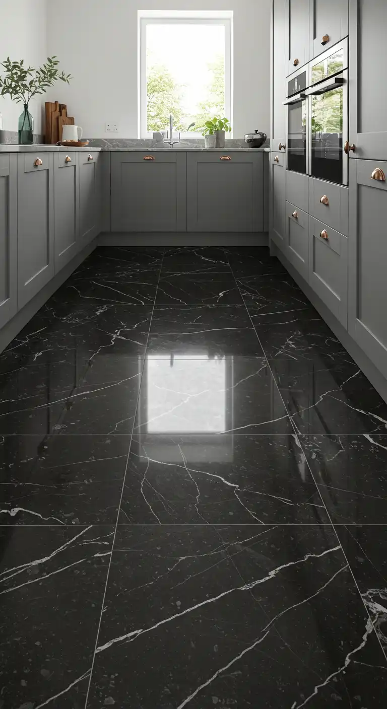 17 Modern Kitchen Flooring Ideas with Dark Tiles for a Bold Look 17 16) Black Marble-Effect Tiles