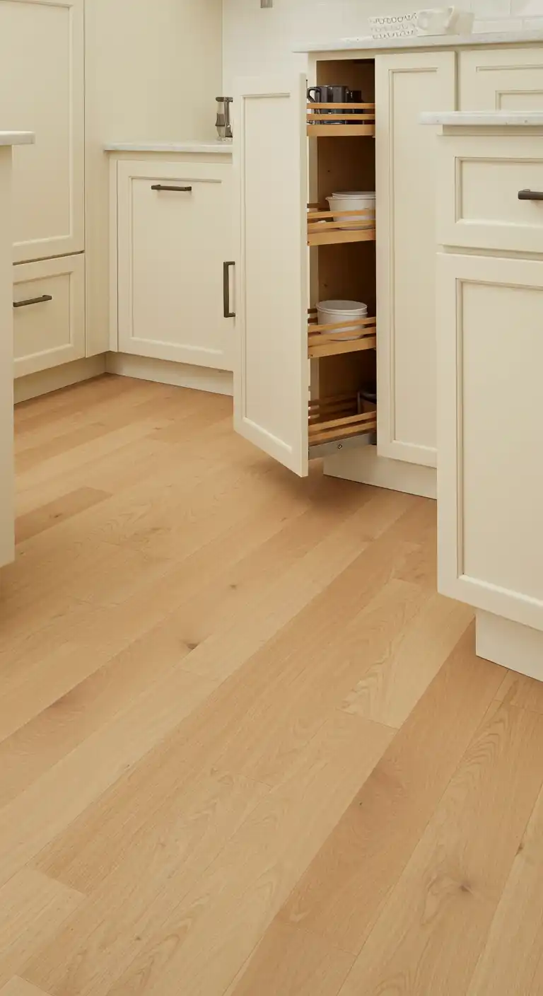 20 Soft and Elegant Kitchen Flooring Ideas with Cream Cabinets 17 16) Light Birch Hardwood