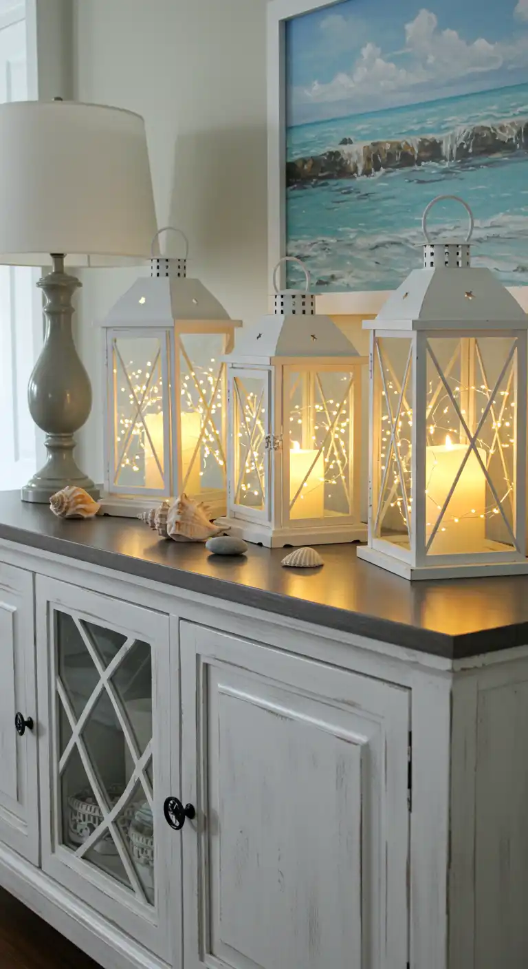 20 Stylish Sideboard and Buffet Decor Ideas for a Chic Touch 18 17) Coastal Lantern Glow