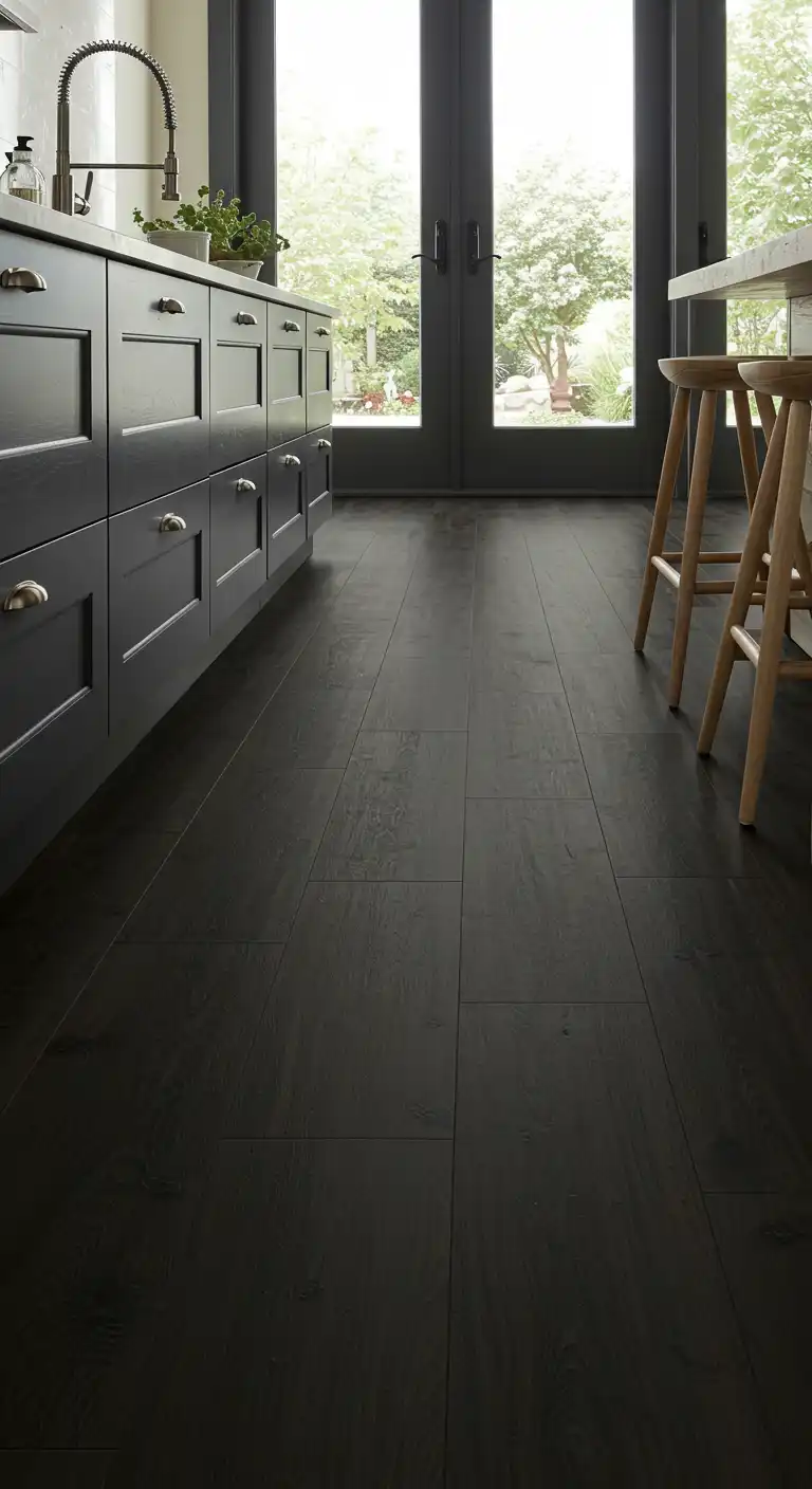 17 Modern Kitchen Flooring Ideas with Dark Tiles for a Bold Look 18 17) Dark Vinyl Plank Tiles