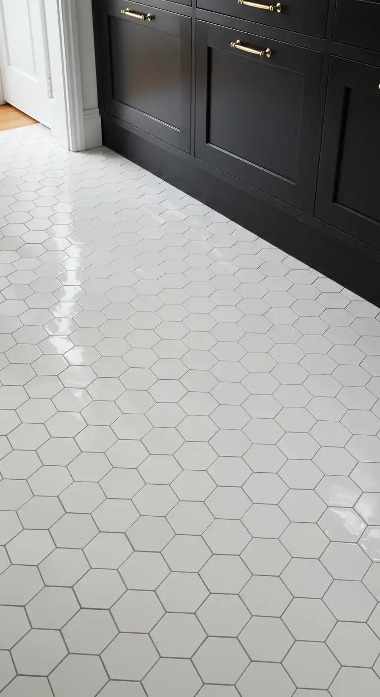 17 Stylish Kitchen Flooring Ideas with Dark Cabinets for a Dramatic Effect 18 17) Hexagonal White Tiles
