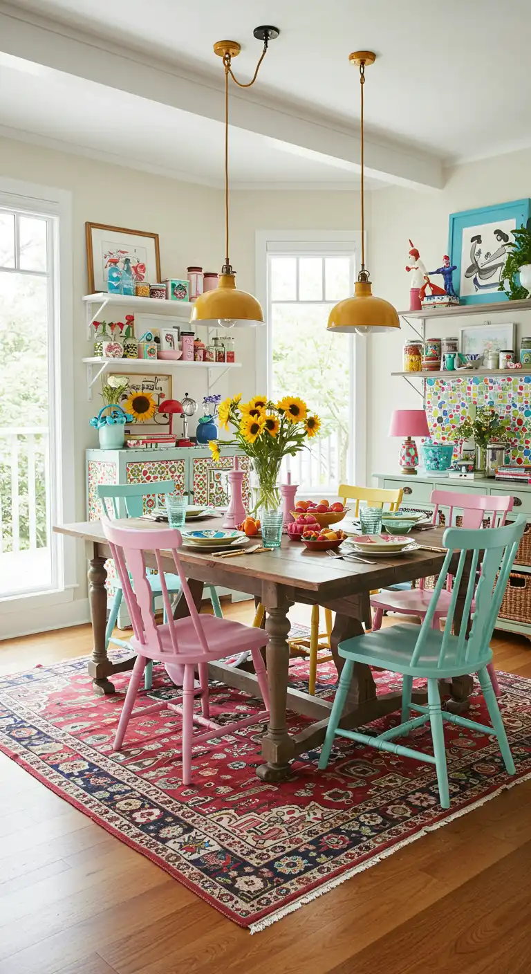 19 Open Concept Dining Area Designs for a Spacious Feel 17 17) Playful Eclectic Mix
