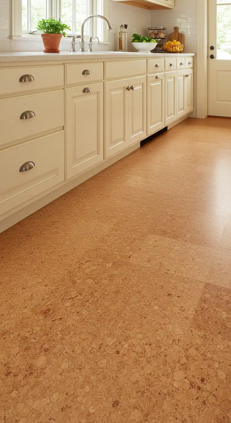 20 Soft and Elegant Kitchen Flooring Ideas with Cream Cabinets 19 18) Natural Cork Flooring