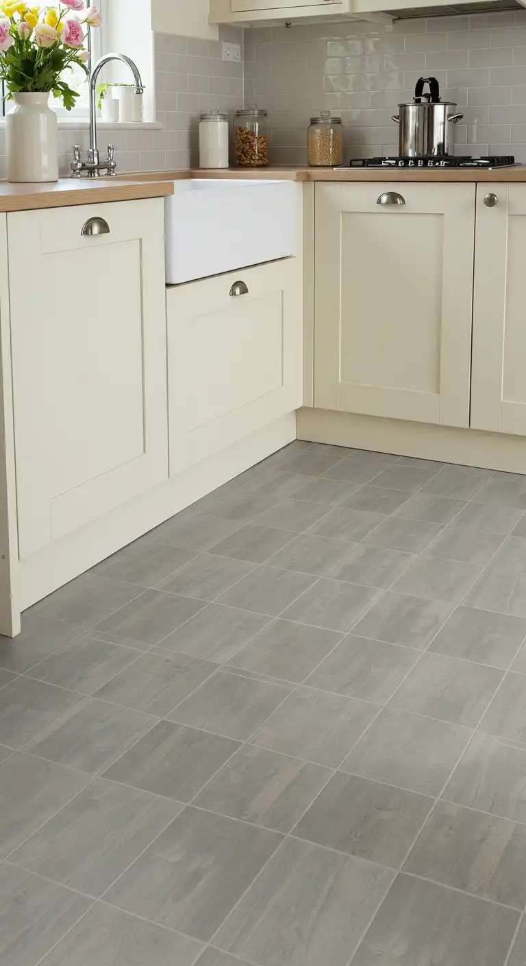 20 Soft and Elegant Kitchen Flooring Ideas with Cream Cabinets 20 19) Pale Gray Vinyl Tiles