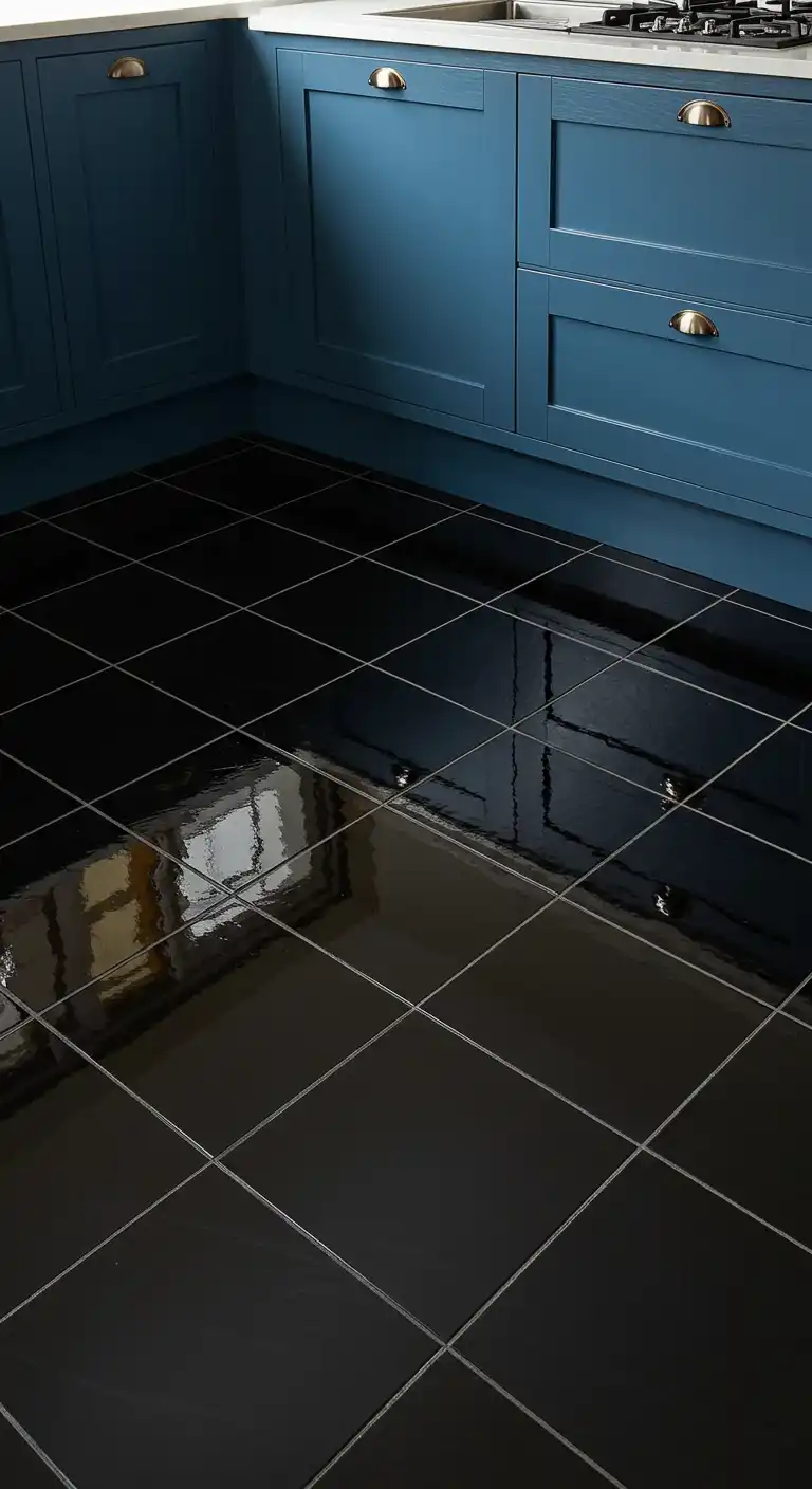 17 Modern Kitchen Flooring Ideas with Dark Tiles for a Bold Look 3 2) Glossy Ebony Ceramic Tiles