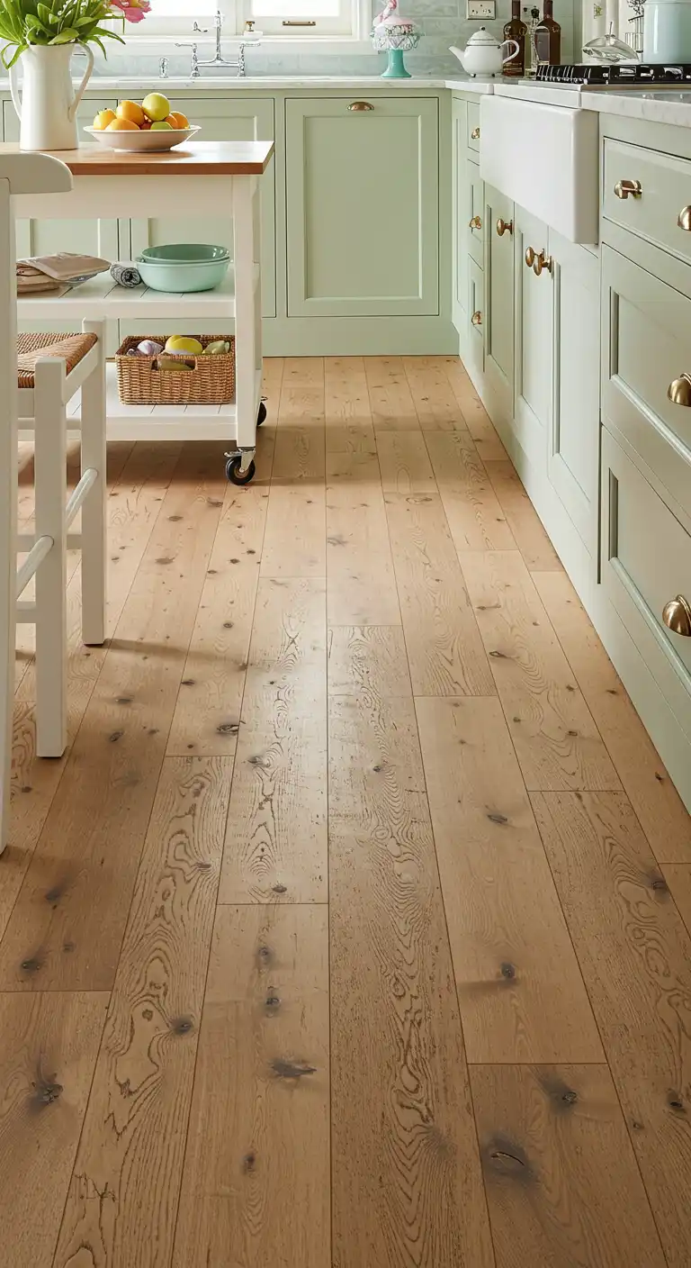 17 Cozy Cottage Kitchen Flooring Ideas for a Rustic Vibe 3 2) Hand-Scraped Wood Flooring