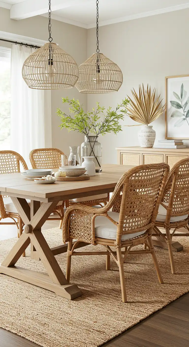 15 Boho Style Dining Room Ideas for a Free-Spirited Vibe 3 2) Rattan and Wicker Furniture