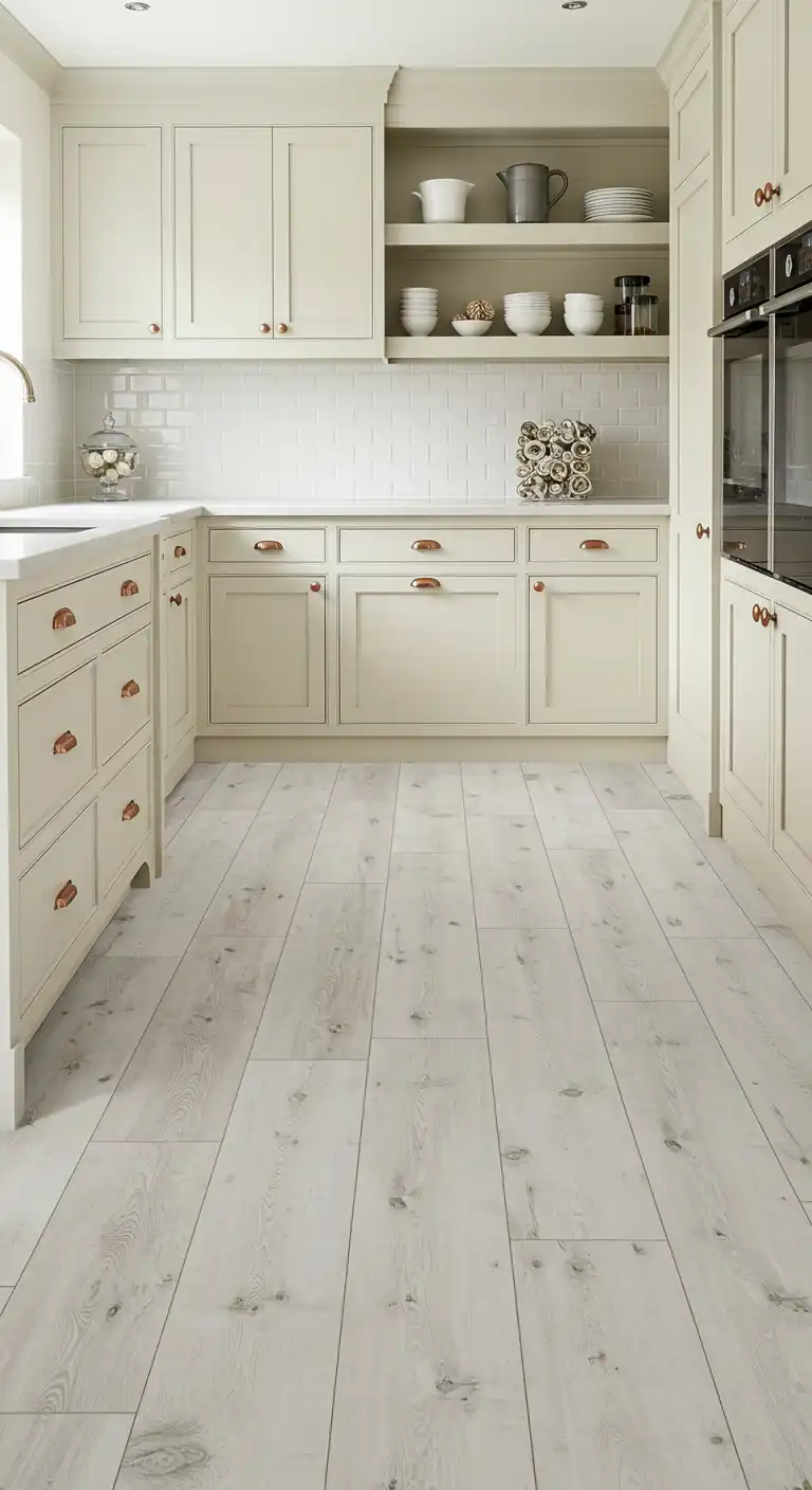 20 Soft and Elegant Kitchen Flooring Ideas with Cream Cabinets 3 2) Whitewashed Pine Planks