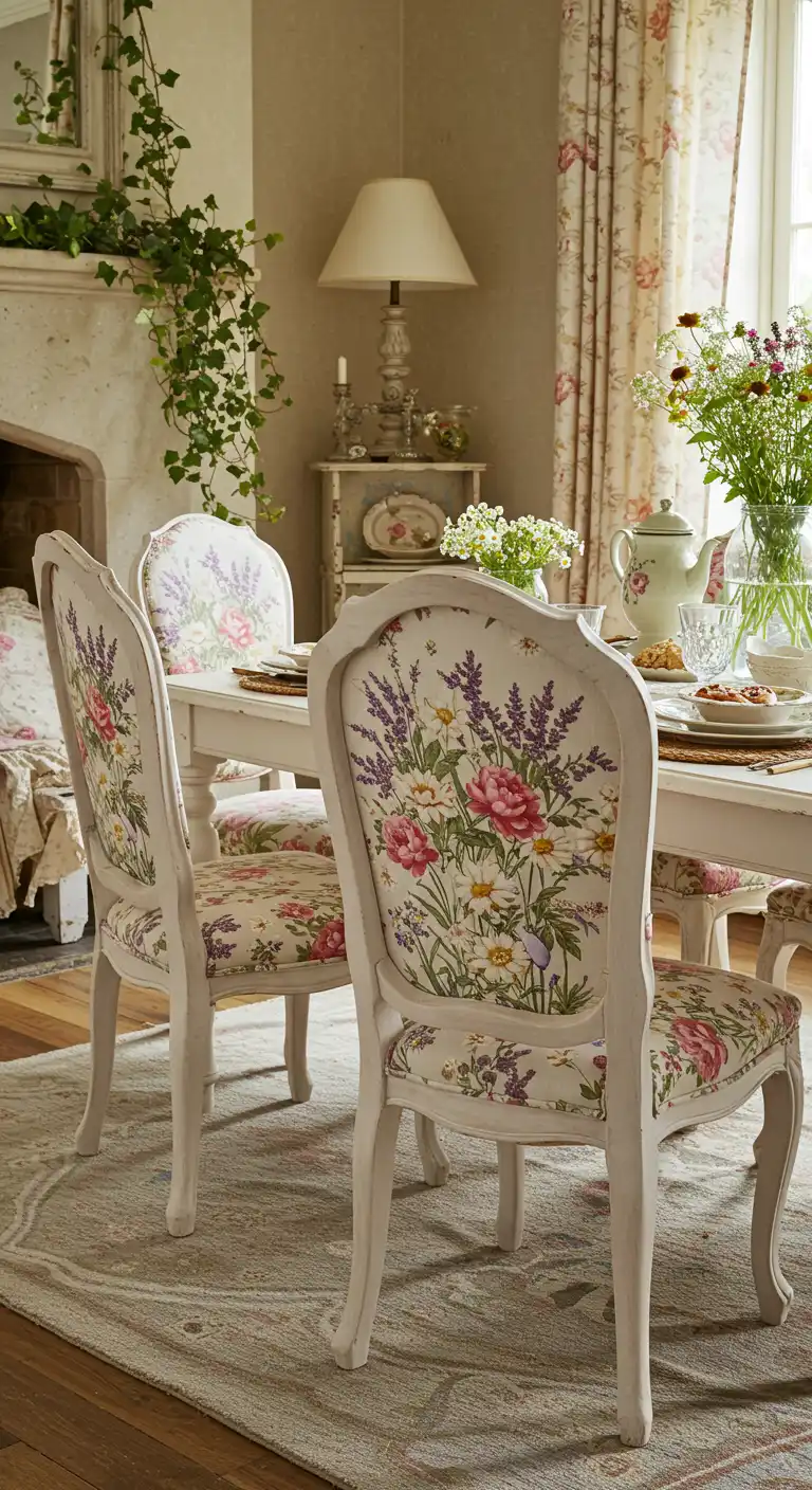 13 Cottagecore Dining Room Ideas That Bring Fairy Tale Charm 3 2. Add Floral Upholstered Chairs