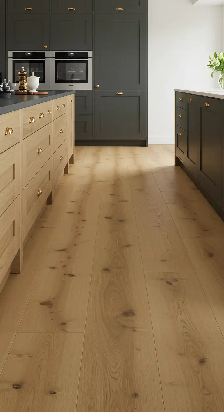 17 Stylish Kitchen Flooring Ideas with Dark Cabinets for a Dramatic Effect 4 3) Blonde Wood Flooring