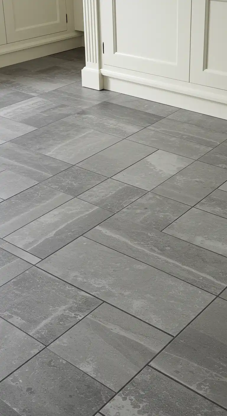 19 Elegant Kitchen Flooring Ideas with Dark Grout for a Sleek Finish 4 3) Large-Format Gray Tiles with Black Grout