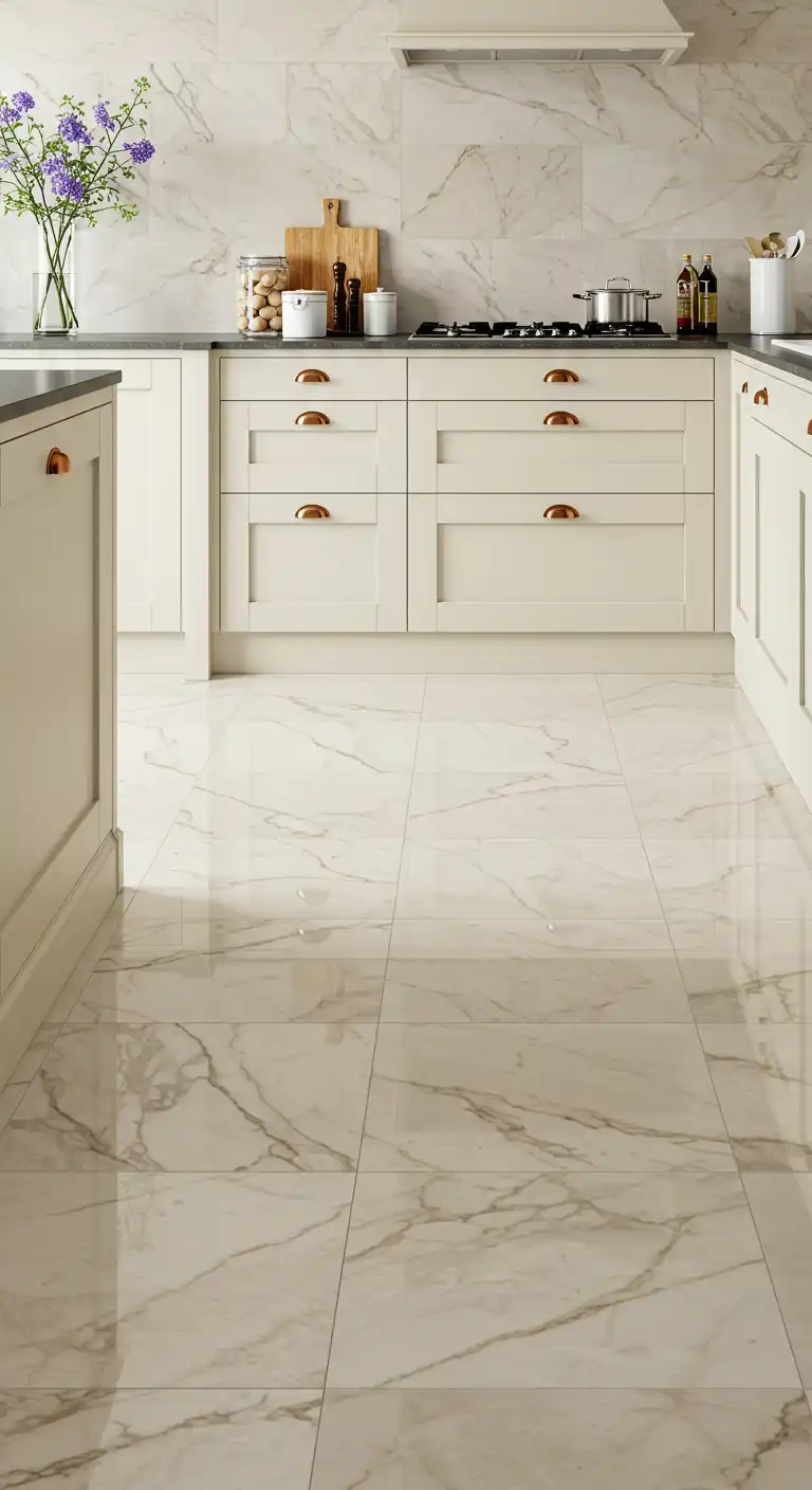 20 Soft and Elegant Kitchen Flooring Ideas with Cream Cabinets 4 3) Porcelain Tiles with Marble Effect