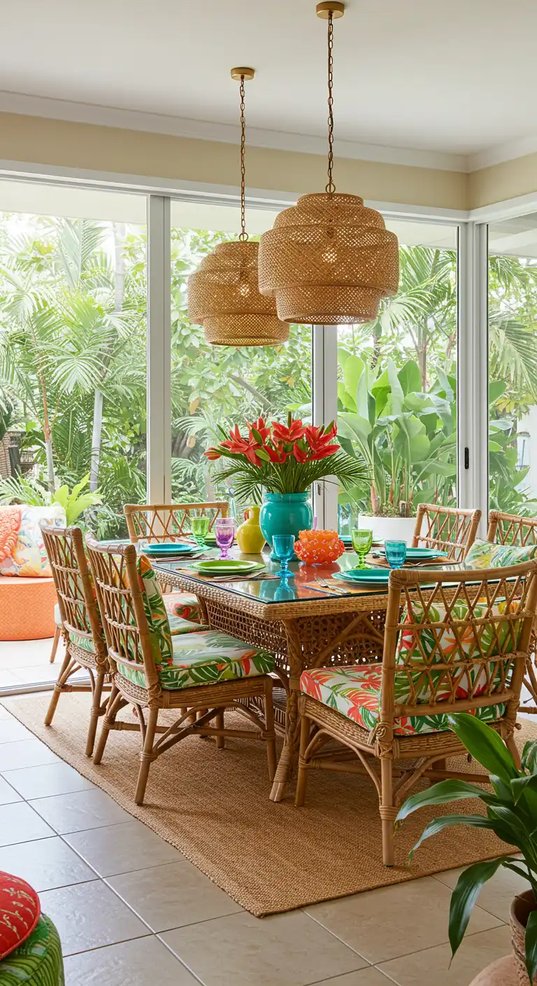 19 Open Concept Dining Area Designs for a Spacious Feel 3 3) Vibrant Tropical Paradise