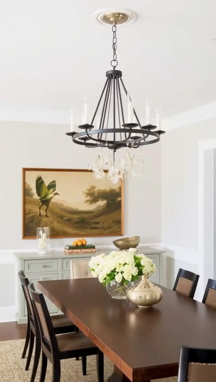 21 Transitional Dining Room Ideas That Blend Old and New Perfectly 4 3. Chandelier with a Contemporary Edge