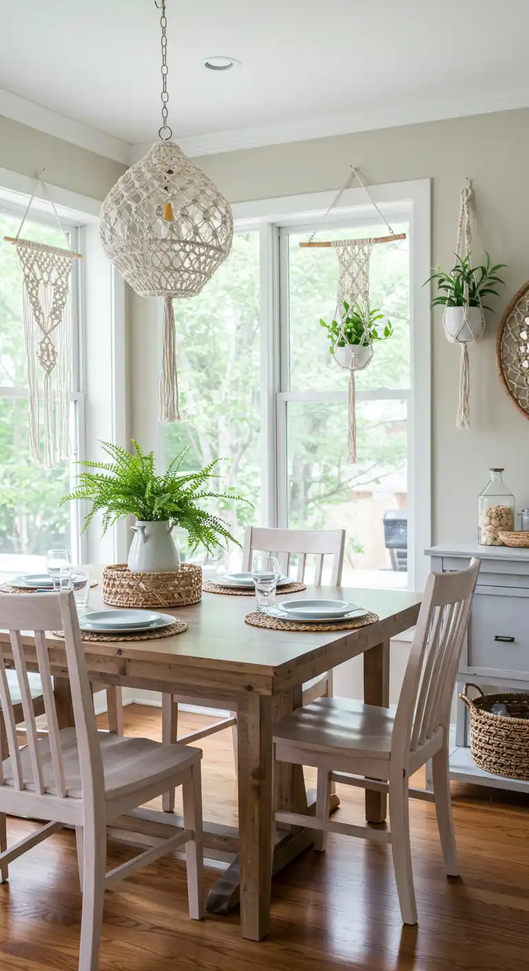 15 Boho Style Dining Room Ideas for a Free-Spirited Vibe 5 4) Hanging Macramé Accents