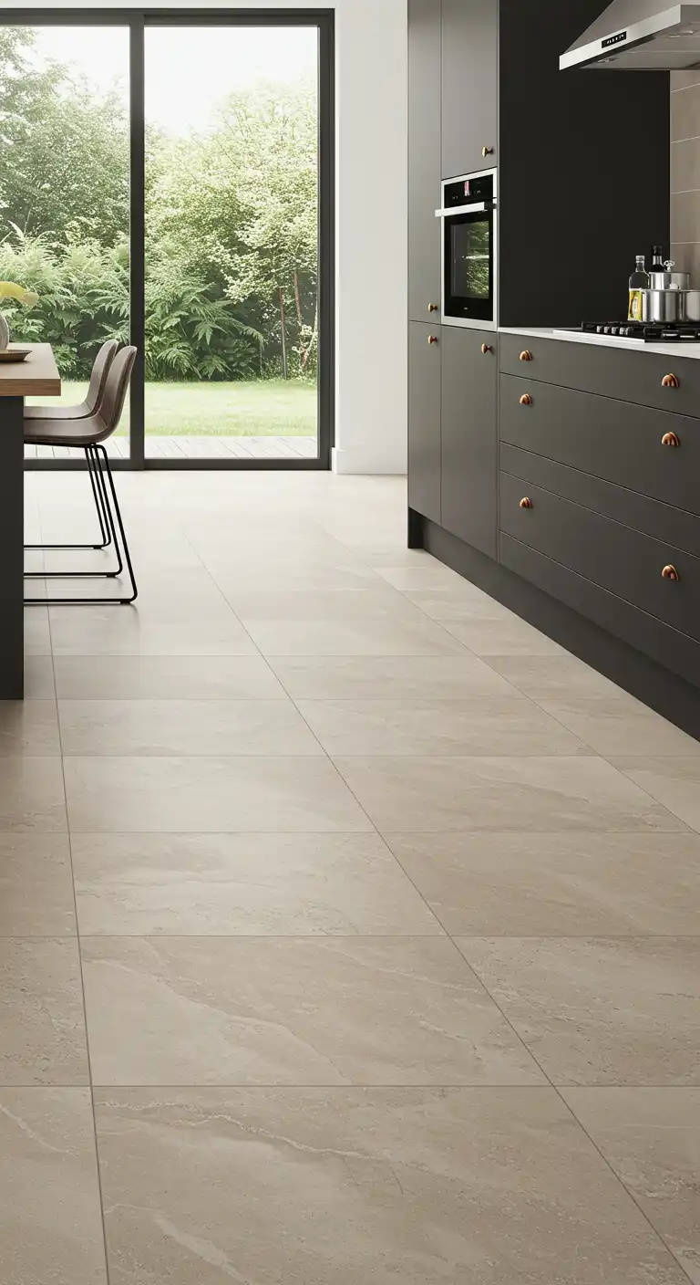 17 Stylish Kitchen Flooring Ideas with Dark Cabinets for a Dramatic Effect 5 4) Large-Format Beige Tiles