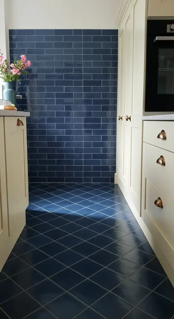 17 Modern Kitchen Flooring Ideas with Dark Tiles for a Bold Look 5 4) Midnight Blue Subway Tiles