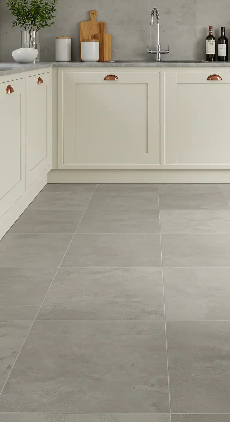 20 Soft and Elegant Kitchen Flooring Ideas with Cream Cabinets 5 4) Soft Gray Ceramic Tiles