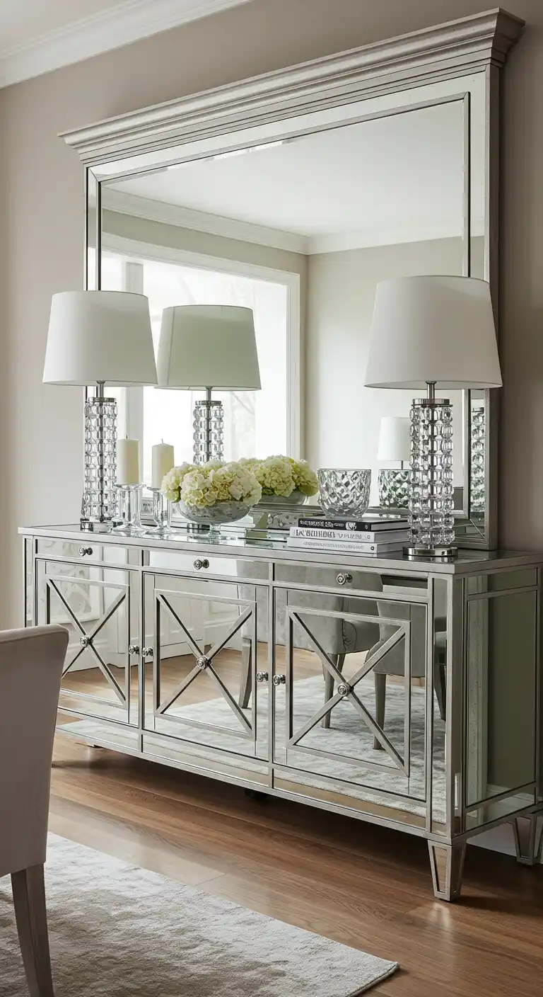 17 Dining Room Mirror Ideas That Add Style and Light 5 4. Mirrored Furniture