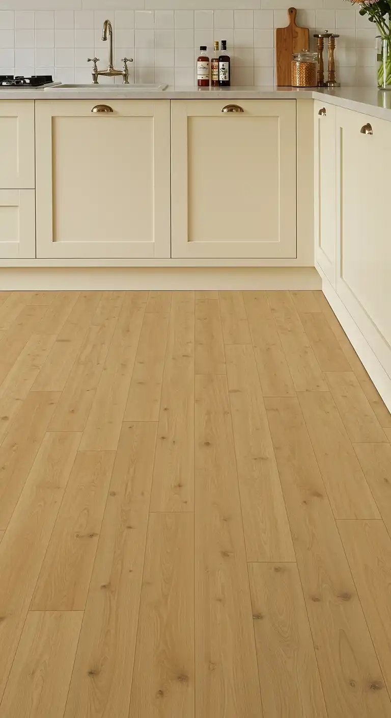 20 Soft and Elegant Kitchen Flooring Ideas with Cream Cabinets 6 5) Blonde Bamboo Flooring