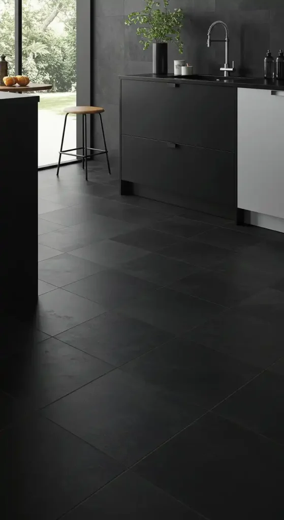 17 Modern Kitchen Flooring Ideas with Dark Tiles for a Bold Look 6 5) Matte Black Large-Format Tiles