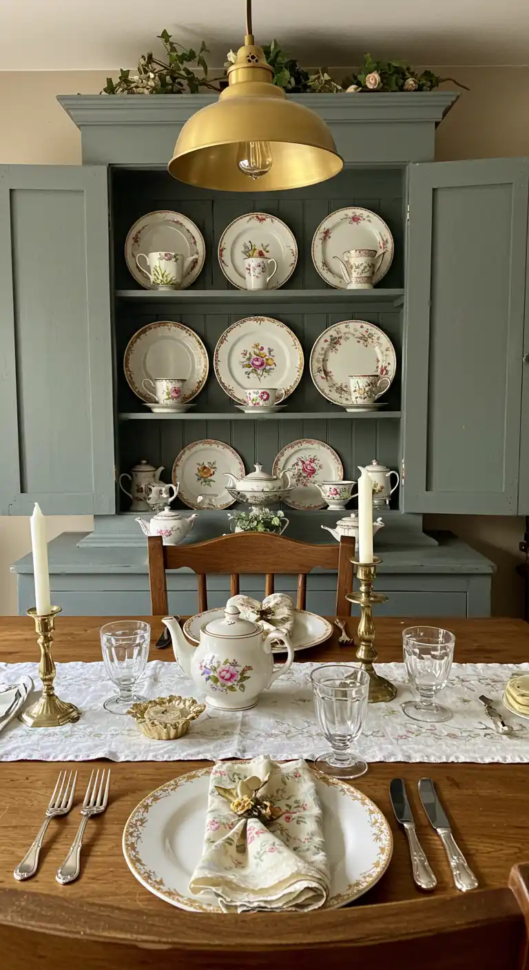 13 Cottagecore Dining Room Ideas That Bring Fairy Tale Charm 6 5. Display Antique China and Silverware
