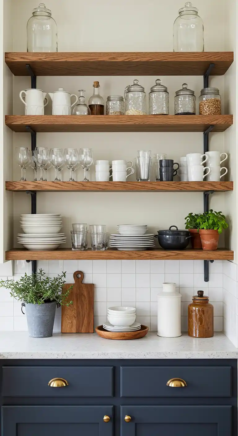 8 Cozy Farmhouse Style Dining Room Setup Ideas for Rustic Charm 5 5. Incorporate Open Shelving and Display Areas