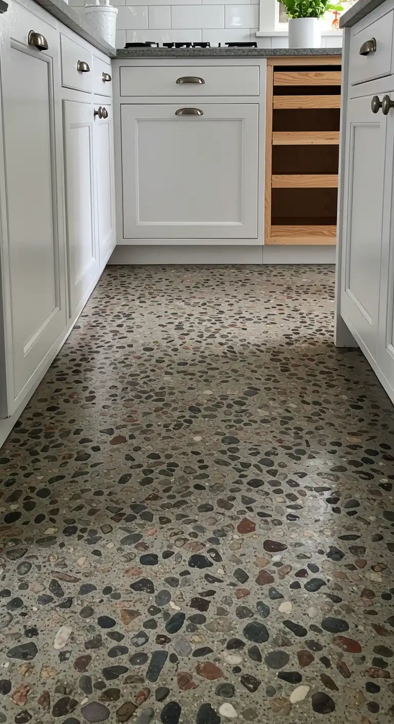15 Industrial-Chic Kitchen Concrete Flooring Ideas for a Modern Touch 7 6) Concrete with Embedded Pebbles
