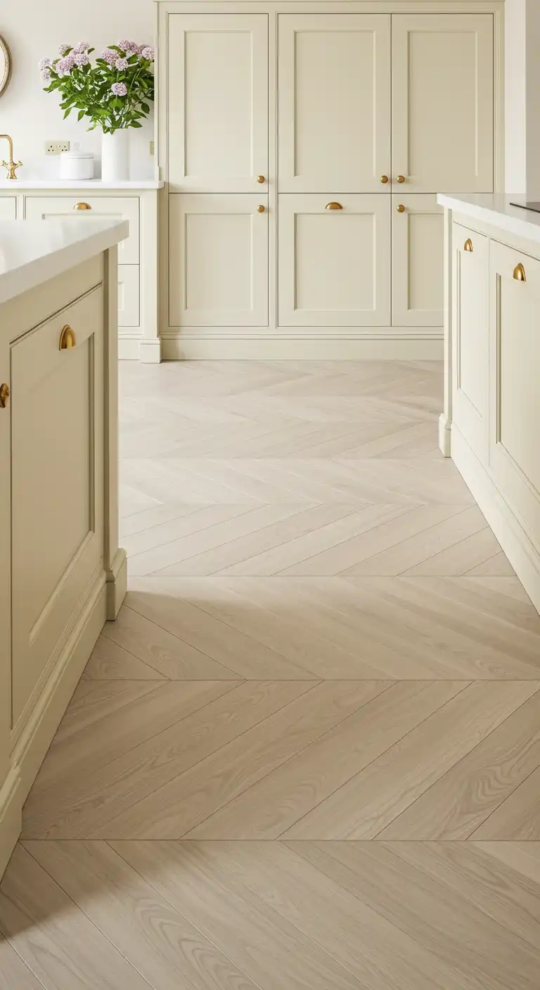 20 Soft and Elegant Kitchen Flooring Ideas with Cream Cabinets 7 6) Herringbone Light Wood Flooring