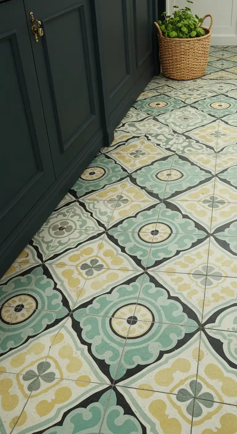 19 Elegant Kitchen Flooring Ideas with Dark Grout for a Sleek Finish 7 6) Patterned Encaustic Tiles with Black Grout