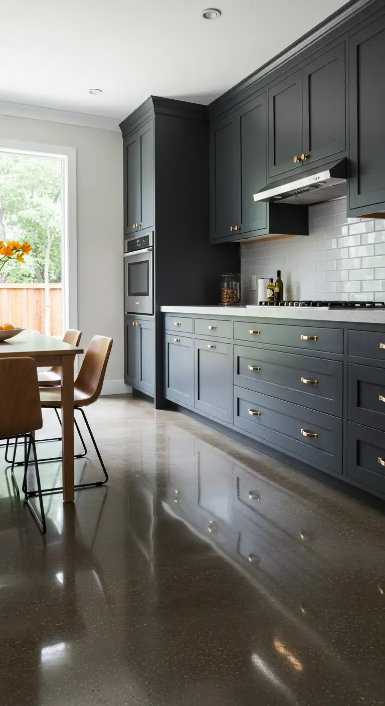 17 Stylish Kitchen Flooring Ideas with Dark Cabinets for a Dramatic Effect 7 6) Polished Concrete Floors