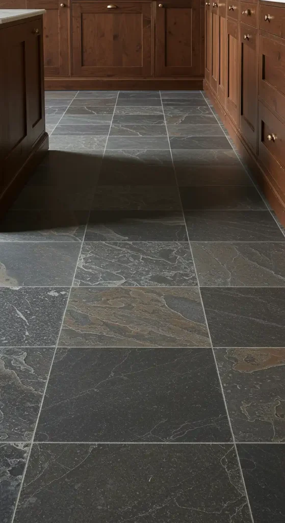 17 Modern Kitchen Flooring Ideas with Dark Tiles for a Bold Look 7 6) Textured Graphite Stone Tiles