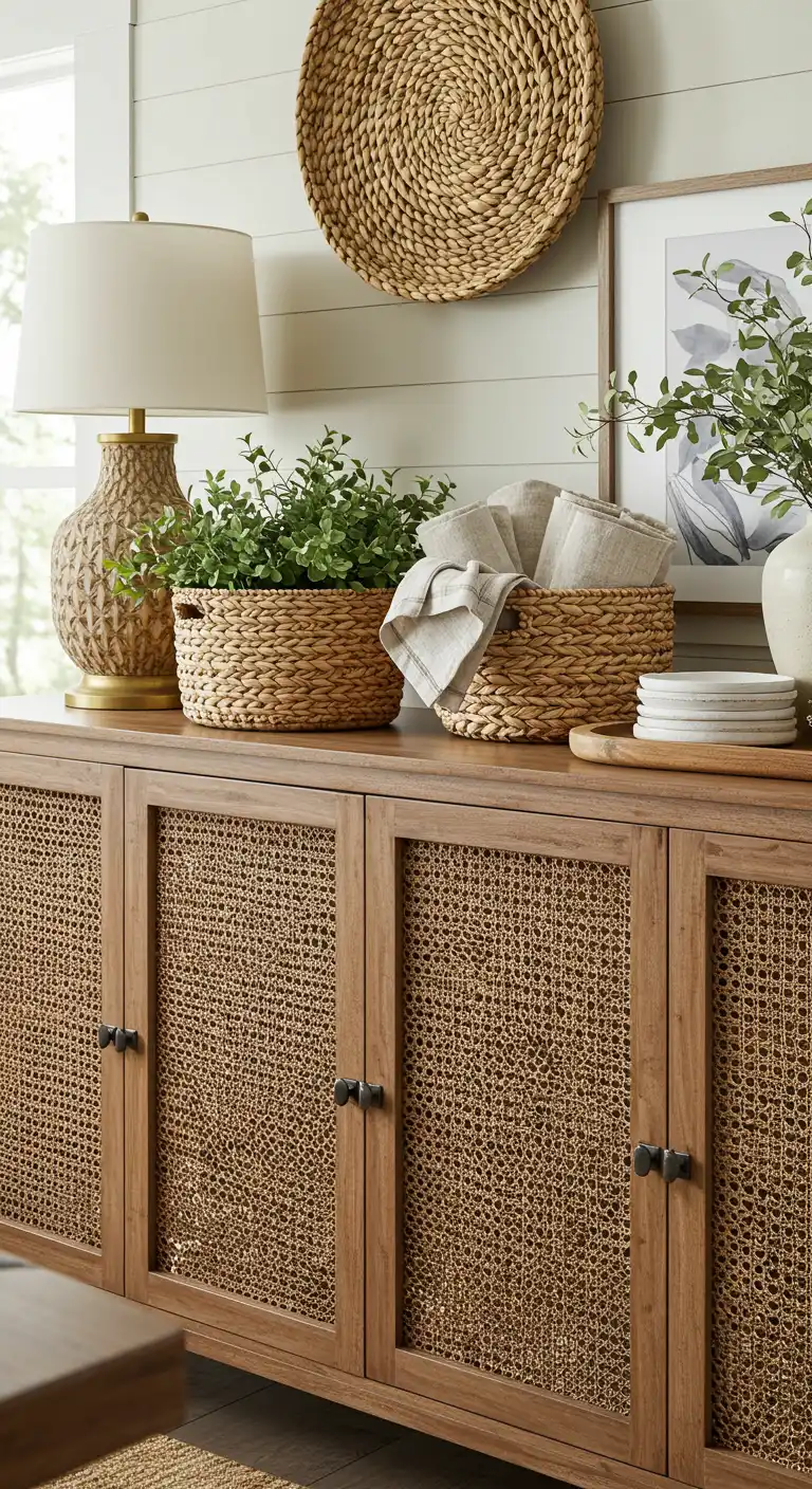 20 Stylish Sideboard and Buffet Decor Ideas for a Chic Touch 7 6) Textured Woven Baskets