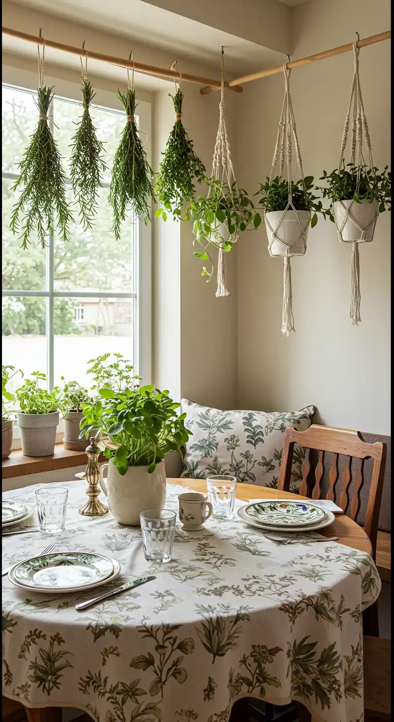 13 Cottagecore Dining Room Ideas That Bring Fairy Tale Charm 7 6. Hang Herbs and Plants