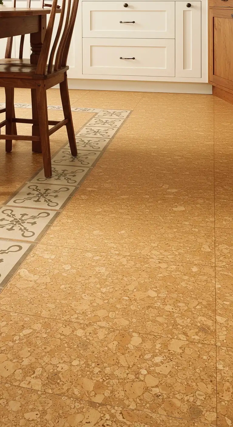 18 Unique Craftsman Kitchen Flooring Ideas for a Handcrafted Look 8 7) Cork Flooring with Patterned Borders