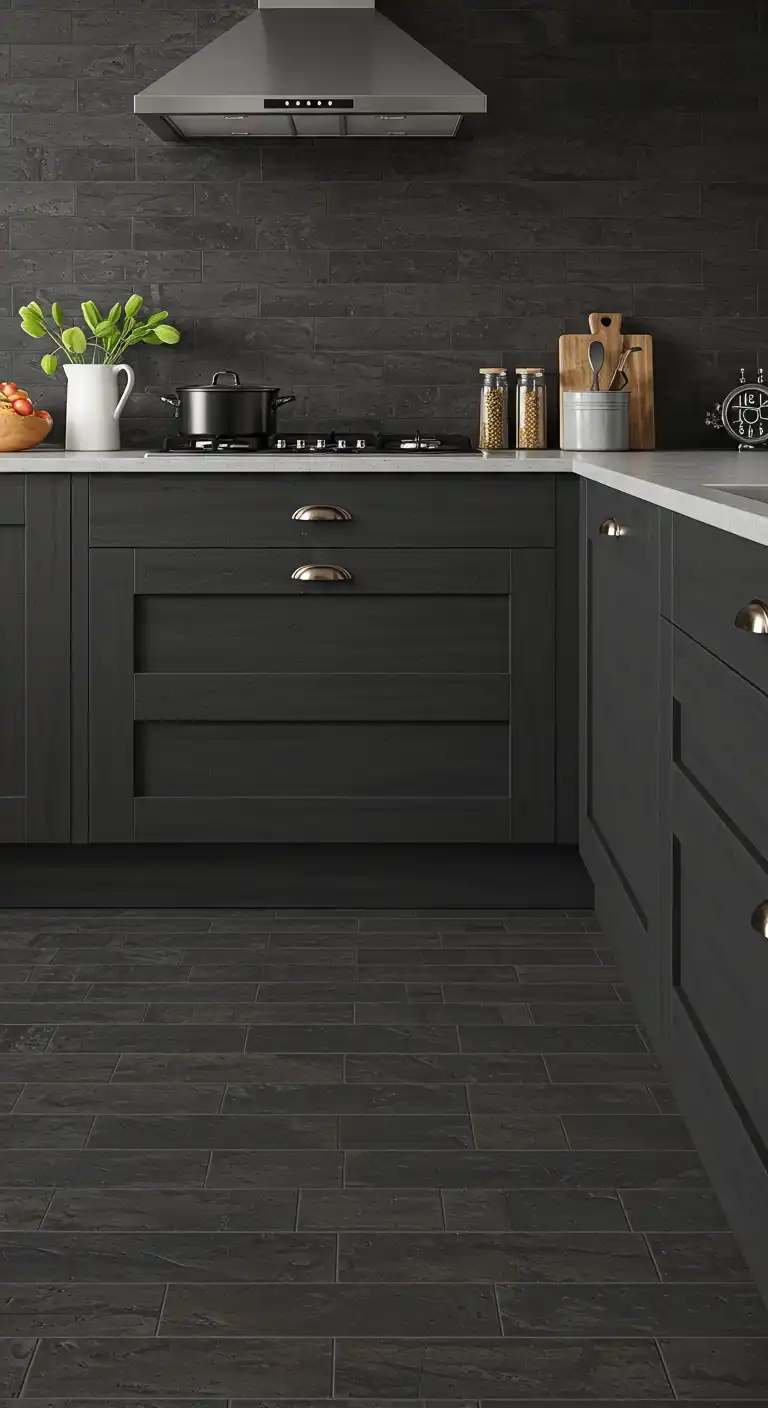 17 Modern Kitchen Flooring Ideas with Dark Tiles for a Bold Look 8 7) Dark Gray Brick-Effect Tiles