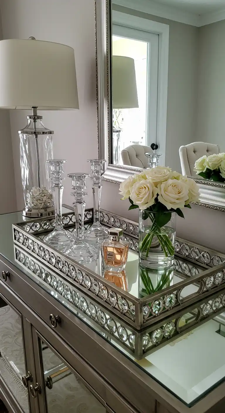 20 Stylish Sideboard and Buffet Decor Ideas for a Chic Touch 8 7) Elegant Mirrored Tray Setup