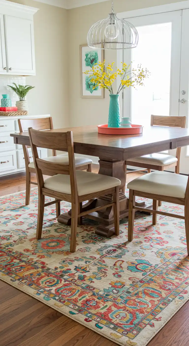 15 Boho Style Dining Room Ideas for a Free-Spirited Vibe 8 7) Mixed Pattern Rugs