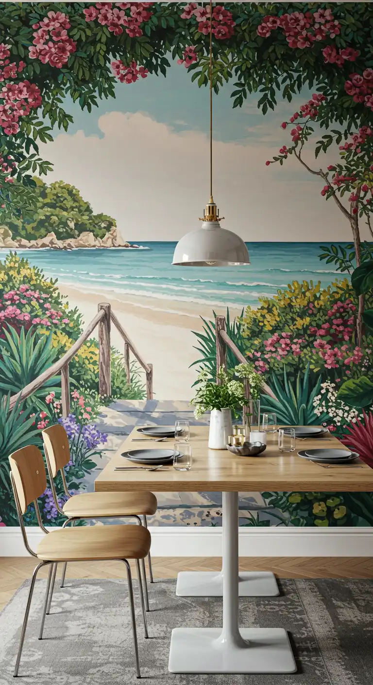 23 Dining Room Wallpaper Ideas to Make Your Walls Pop 8 7) Mural Wallpaper