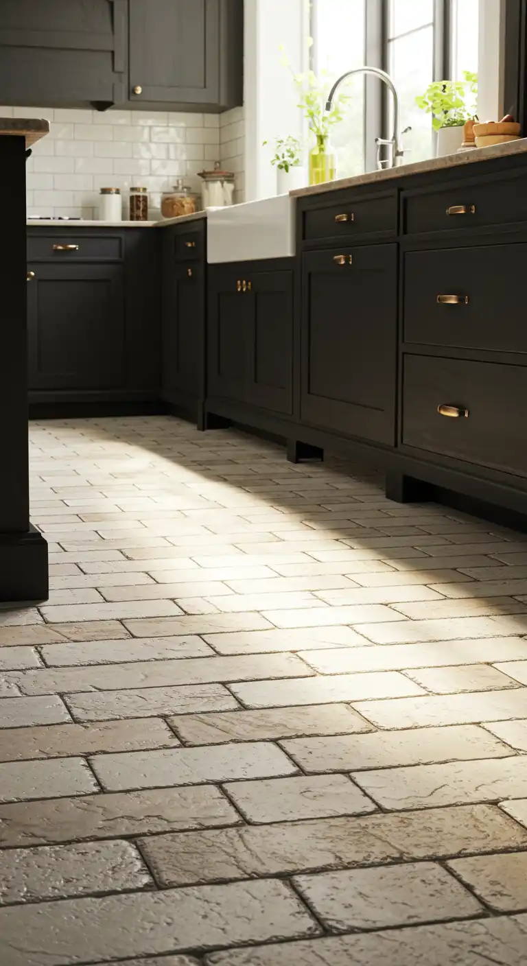 17 Stylish Kitchen Flooring Ideas with Dark Cabinets for a Dramatic Effect 8 7) Whitewashed Brick Flooring