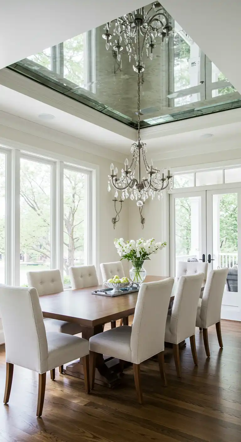 17 Dining Room Mirror Ideas That Add Style and Light 8 7. Mirrored Tray Ceiling