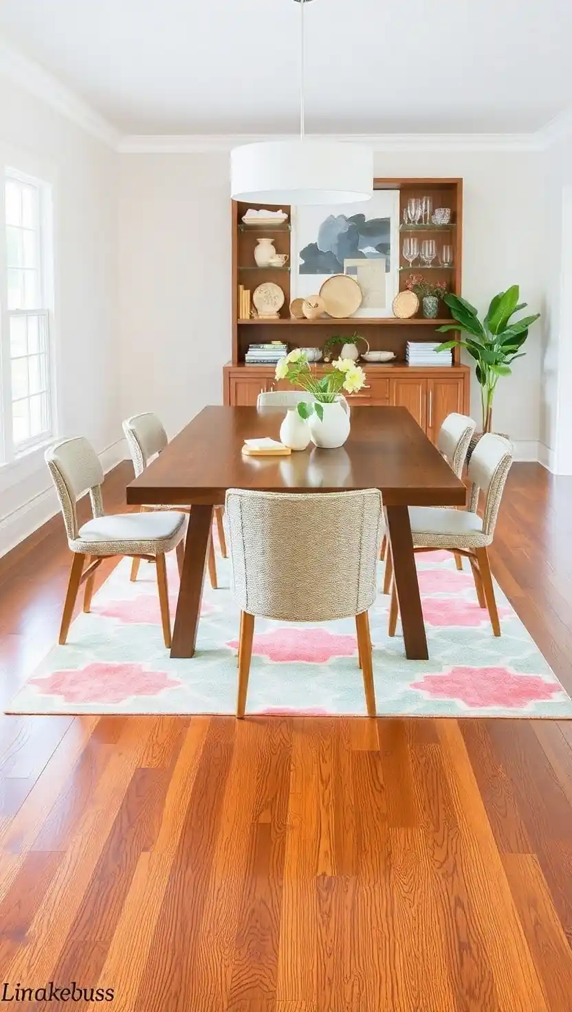 21 Transitional Dining Room Ideas That Blend Old and New Perfectly 8 7. Modern Rug Over Hardwood