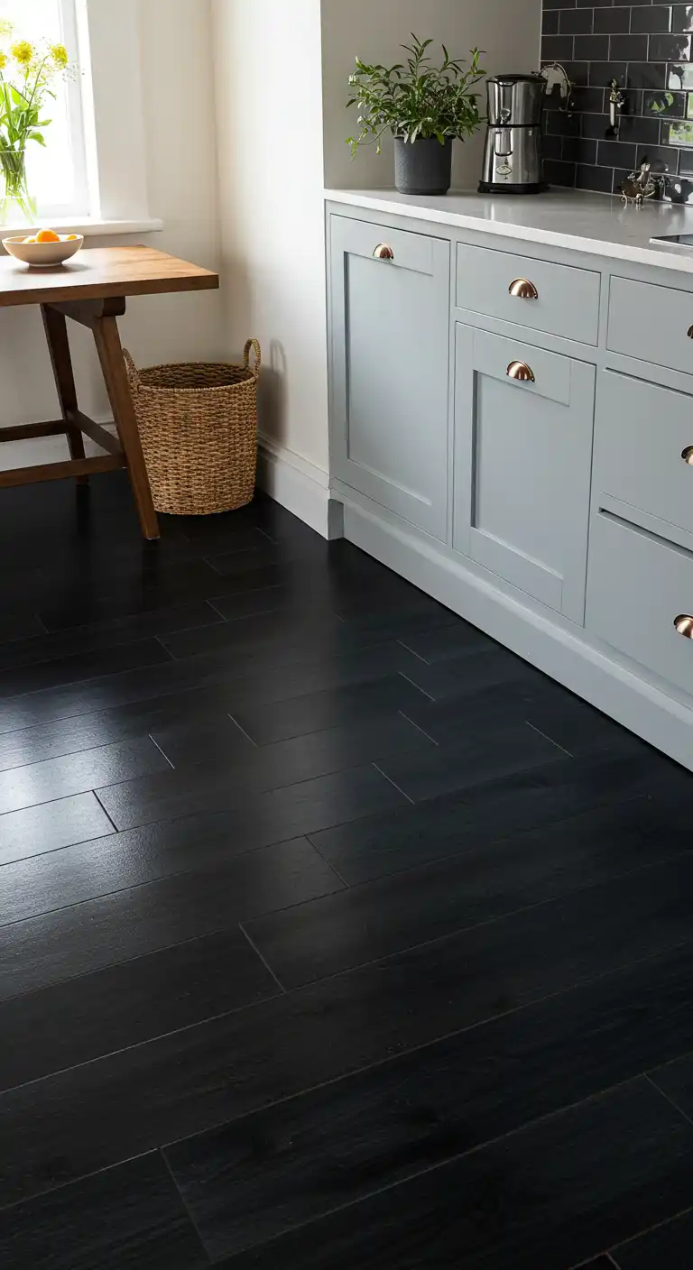17 Modern Kitchen Flooring Ideas with Dark Tiles for a Bold Look 9 8) Polished Obsidian Vinyl Tiles